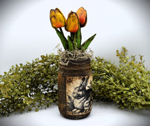 Load image into Gallery viewer, Primitive Mama and Baby Bunny Rabbit Mason Jar Tulip Floral Arrangement, Country Farmhouse, Cottagecore, Spring, Easter, Mother's Day Gift