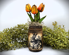 Load image into Gallery viewer, Primitive Mama and Baby Bunny Rabbit Mason Jar Tulip Floral Arrangement, Country Farmhouse, Cottagecore, Spring, Easter, Mother's Day Gift