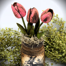 Load image into Gallery viewer, Primitive Mama and Baby Bunny Rabbit Mason Jar Tulip Floral Arrangement, Country Farmhouse, Cottagecore, Spring, Easter, Mother's Day Gift