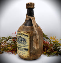 Load image into Gallery viewer, Sam Thompson Old Monongahela Rye Whiskey Jug with Wax Seal, Antique Colonial Distressed Style Reproduction, Glass Jug Centerpiece, Primitive