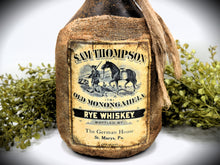 Load image into Gallery viewer, Sam Thompson Old Monongahela Rye Whiskey Jug with Wax Seal, Antique Colonial Distressed Style Reproduction, Glass Jug Centerpiece, Primitive