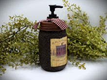 Load image into Gallery viewer, Mason Jar Hand Soap Dispenser, Red Salt Box House, Grubby Mason Jar Soap Pump & Folk Art Print, Country Farmhouse Bathroom Soap Dispenser