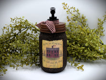 Load image into Gallery viewer, Mason Jar Hand Soap Dispenser, Red Salt Box House, Grubby Mason Jar Soap Pump & Folk Art Print, Country Farmhouse Bathroom Soap Dispenser
