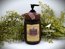 Load image into Gallery viewer, Mason Jar Hand Soap Dispenser, Red Salt Box House, Grubby Mason Jar Soap Pump & Folk Art Print, Country Farmhouse Bathroom Soap Dispenser