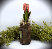 Load image into Gallery viewer, Primitive Black Cat Folk Art Mason Jar Tulip Floral Arrangement, Country Primitive Farmhouse Home Decor, Spring and Summer, Cottagecore