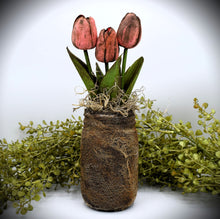 Load image into Gallery viewer, Primitive Black Cat Folk Art Mason Jar Tulip Floral Arrangement, Country Primitive Farmhouse Home Decor, Spring and Summer, Cottagecore