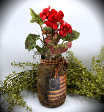 Load image into Gallery viewer, Primitive Betsy Ross American Flag Mason Jar Geranium Floral Arrangement, Country Primitives, Farmhouse, Summer Decor, Patriotic Americana