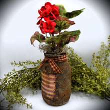 Load image into Gallery viewer, Primitive Betsy Ross American Flag Mason Jar Geranium Floral Arrangement, Country Primitives, Farmhouse, Summer Decor, Patriotic Americana
