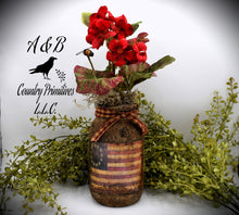 Load image into Gallery viewer, Primitive Betsy Ross American Flag Mason Jar Geranium Floral Arrangement, Country Primitives, Farmhouse, Summer Decor, Patriotic Americana