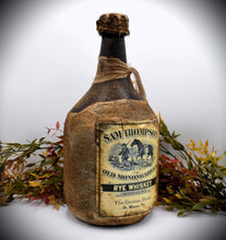 Load image into Gallery viewer, Sam Thompson Old Monongahela Rye Whiskey Jug with Wax Seal, Antique Colonial Distressed Style Reproduction, Glass Jug Centerpiece, Primitive