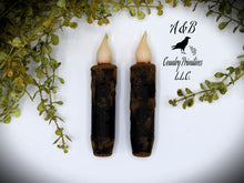 Load image into Gallery viewer, Set of (2) Two Black Grungy/Grubby 4 inch LED Wax Dipped Taper Candles with Timer, Battery Operated Flameless Candles, Primitive Home Decor