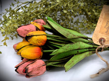 Load image into Gallery viewer, Mother's Day Dozen (12) Grungy Real Feel Tulips Arrangement, Mother's Day Gift, Country Primitive, Cottagecore, Farmhouse, Spring Floral