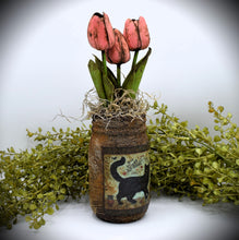Load image into Gallery viewer, Primitive Black Cat Folk Art Mason Jar Tulip Floral Arrangement, Country Primitive Farmhouse Home Decor, Spring and Summer, Cottagecore