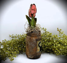 Load image into Gallery viewer, Primitive Black Cat Folk Art Mason Jar Tulip Floral Arrangement, Country Primitive Farmhouse Home Decor, Spring and Summer, Cottagecore