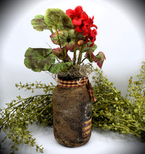 Load image into Gallery viewer, Primitive Betsy Ross American Flag Mason Jar Geranium Floral Arrangement, Country Primitives, Farmhouse, Summer Decor, Patriotic Americana