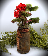 Load image into Gallery viewer, Primitive Betsy Ross American Flag Mason Jar Geranium Floral Arrangement, Country Primitives, Farmhouse, Summer Decor, Patriotic Americana