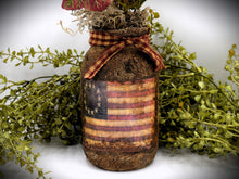 Load image into Gallery viewer, Primitive Betsy Ross American Flag Mason Jar Geranium Floral Arrangement, Country Primitives, Farmhouse, Summer Decor, Patriotic Americana