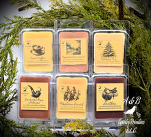 Load image into Gallery viewer, A photo showing various clamshell plastic cases with wax melt tarts inside. The cases have labels that feature a primitive sketch of each flavor or scent.