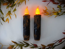 Load image into Gallery viewer, Set of (2) Two Black Grungy/Grubby 4 inch LED Wax Dipped Taper Candles with Timer, Battery Operated Flameless Candles, Primitive Home Decor