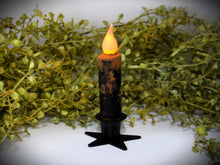 Load image into Gallery viewer, Set of (2) Two Black Grungy/Grubby 4 inch LED Wax Dipped Taper Candles with Timer, Battery Operated Flameless Candles, Primitive Home Decor