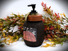 Load image into Gallery viewer, Fall, Harvest, Pumpkins for Sale or Trade, Primitive Label, Soap Dispenser, Grubby Mason Jar w/Soap Pump, Country Primitive Bathroom Decor