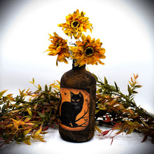Load image into Gallery viewer, Primitive Black Cat Grubby Bottle Arrangement w/ Sunflowers, Country Primitive Farmhouse Home Decor, Cottagecore, Summer Floral, Fall Floral