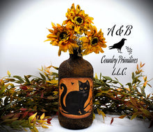 Load image into Gallery viewer, Primitive Black Cat Grubby Bottle Arrangement w/ Sunflowers, Country Primitive Farmhouse Home Decor, Cottagecore, Summer Floral, Fall Floral
