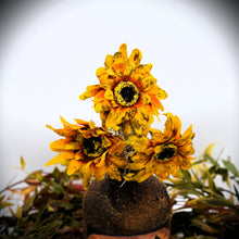 Load image into Gallery viewer, Primitive Black Cat Grubby Bottle Arrangement w/ Sunflowers, Country Primitive Farmhouse Home Decor, Cottagecore, Summer Floral, Fall Floral