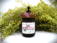Load image into Gallery viewer, Vintage Red Truck Spring Label & Hand Soap Dispenser Mason Jar, Grubby Coated Mason Jar Soap Jar, Country Primitive Home Decor.