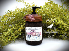 Load image into Gallery viewer, Vintage Red Truck Spring Label & Hand Soap Dispenser Mason Jar, Grubby Coated Mason Jar Soap Jar, Country Primitive Home Decor.