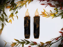 Load image into Gallery viewer, Set of Two Black Grubby 4 inch LED Wax Dipped Taper Candles with Timer