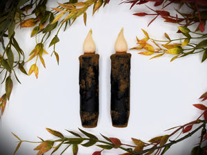 Set of Two Black Grubby 4 inch LED Wax Dipped Taper Candles with Timer