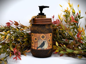 Crow and Sunflowers Grubby Mason Jar Hand Soap Dispenser