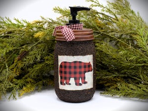 Buffalo Plaid Bear Grubby Mason Jar Hand Soap Dispenser