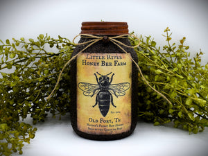 "Little River Honey Bee Farm" Grubby Coated Mason Jar, Pantry Jar