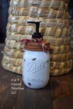 Load image into Gallery viewer, Painted Distressed Off White Ball Mason Jar Hand Soap Dispenser, Choice of Lid Style, Pump, &amp; Decorative Ribbon