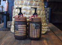 Load image into Gallery viewer, Grubby Americana Hand Soap Dispenser, Mason Jar Soap Pump &amp; Betsy Ross American Flag, Country Primitive Bathroom Soap Dispenser