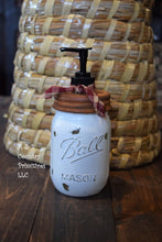 Load image into Gallery viewer, Painted Distressed Off White Ball Mason Jar Hand Soap Dispenser, Choice of Lid Style, Pump, &amp; Decorative Ribbon