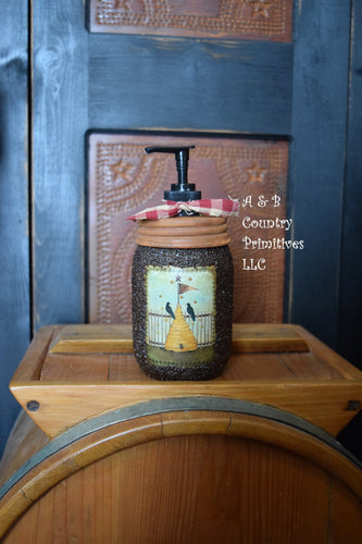 Primitive Americana Crows and Bee Skep Folk Art Label and Hand Soap Dispenser, Grubby Mason Jar with Soap Pump, Country Bathroom Decor