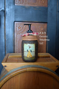 Primitive Americana Crows and Bee Skep Folk Art Label and Hand Soap Dispenser, Grubby Mason Jar with Soap Pump, Country Bathroom Decor