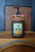 Load image into Gallery viewer, Primitive Americana Crows and Bee Skep Folk Art Label and Hand Soap Dispenser, Grubby Mason Jar with Soap Pump, Country Bathroom Decor