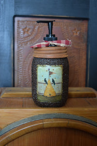 Primitive Americana Crows and Bee Skep Folk Art Label and Hand Soap Dispenser, Grubby Mason Jar with Soap Pump, Country Bathroom Decor