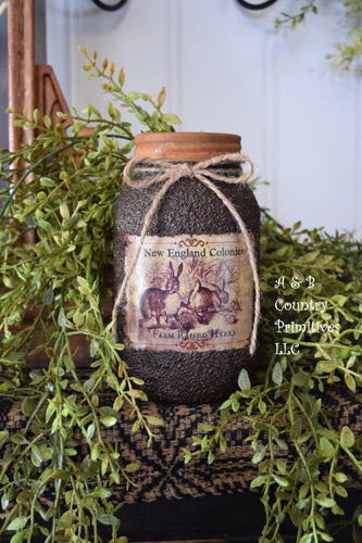 Grubby Coated Mason Jar with Vintage Pantry Spring Label, New England Colonies, Farm Raised Hares, Country Primitive, Kitchen Storage Decor