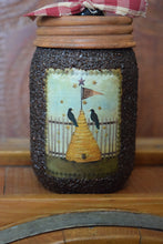 Load image into Gallery viewer, Primitive Americana Crows and Bee Skep Folk Art Label and Hand Soap Dispenser, Grubby Mason Jar with Soap Pump, Country Bathroom Decor