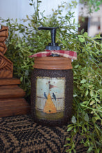 Load image into Gallery viewer, Primitive Americana Crows and Bee Skep Folk Art Label and Hand Soap Dispenser, Grubby Mason Jar with Soap Pump, Country Bathroom Decor