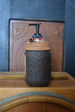 Load image into Gallery viewer, Primitive Americana Crows and Bee Skep Folk Art Label and Hand Soap Dispenser, Grubby Mason Jar with Soap Pump, Country Bathroom Decor