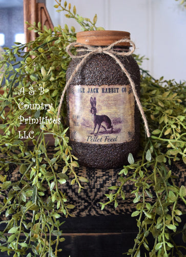 Grubby Coated Mason Jar with Vintage Pantry Spring Label, Ole Jack Rabbit Pellet Feed, Country Primitive, Kitchen Storage Farmhouse Decor