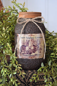 Grubby Coated Mason Jar with Vintage Pantry Spring Label, New England Colonies, Farm Raised Hares, Country Primitive, Kitchen Storage Decor