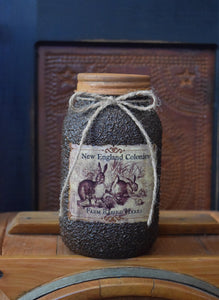 Grubby Coated Mason Jar with Vintage Pantry Spring Label, New England Colonies, Farm Raised Hares, Country Primitive, Kitchen Storage Decor