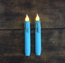 Load image into Gallery viewer, Set of (2) Two Grungy Distressed Turquoise 7 inch LED Wax Dipped Taper Candles with Timer, Battery Operated Candles, Country Home Decor